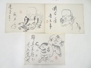 淡川康一筆　福神図　肉筆色紙3枚